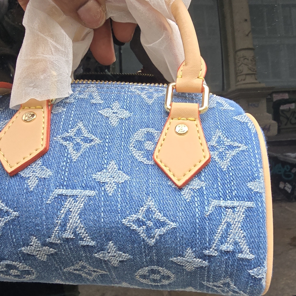 Blue Denim Monogram Micro Mini Bag with Tan Leather Trim - Picture 8 of 14